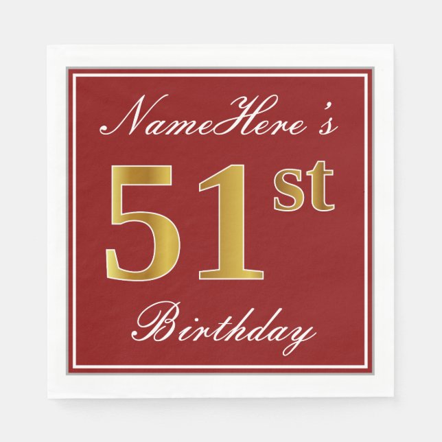 Servilleta De Papel Elegante Rojo, Faux Gold 51st Birthday + Nombre pe (Anverso)
