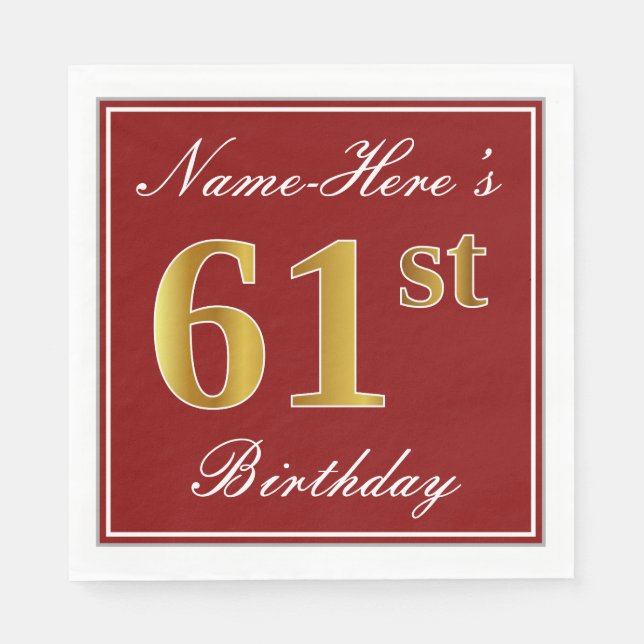 Servilleta De Papel Elegante Rojo, Faux Gold 61st Birthday + Nombre pe (Anverso)
