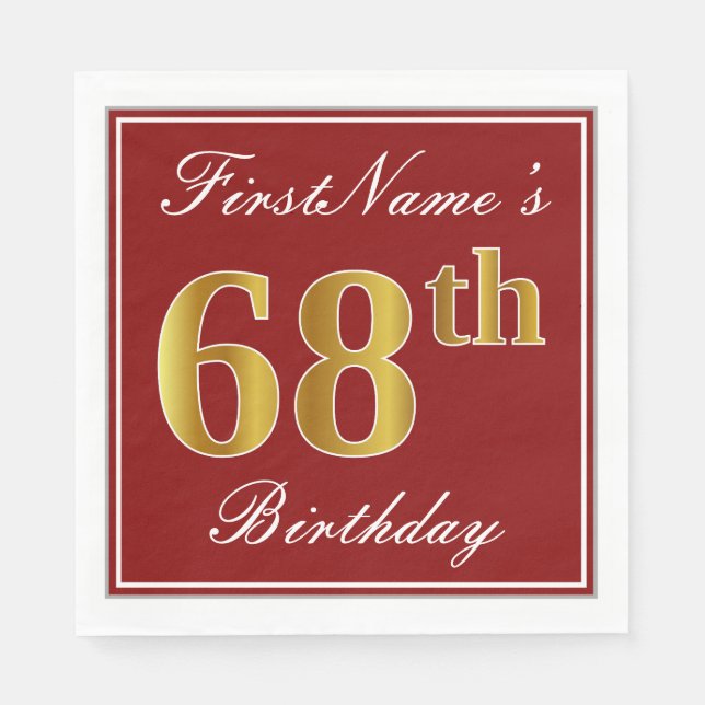 Servilleta De Papel Elegante Rojo, Faux Gold 68th Birthday + Nombre pe (Anverso)