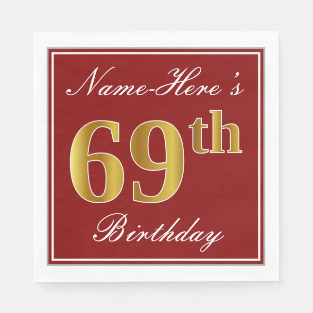 Servilleta De Papel Elegante Rojo, Faux Gold 69th Birthday + Nombre pe (Anverso)