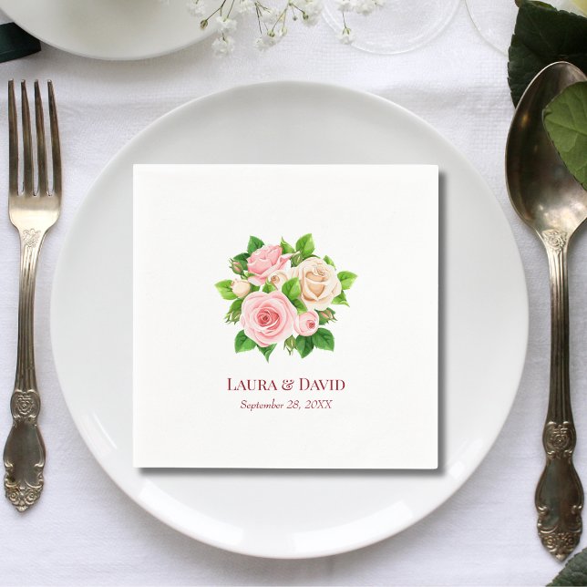 Servilleta De Papel Elegante Romántico Chic Rosa Rosado Boda (Chic elegant blush pink rose napkins add romantic charm to wedding tables.)