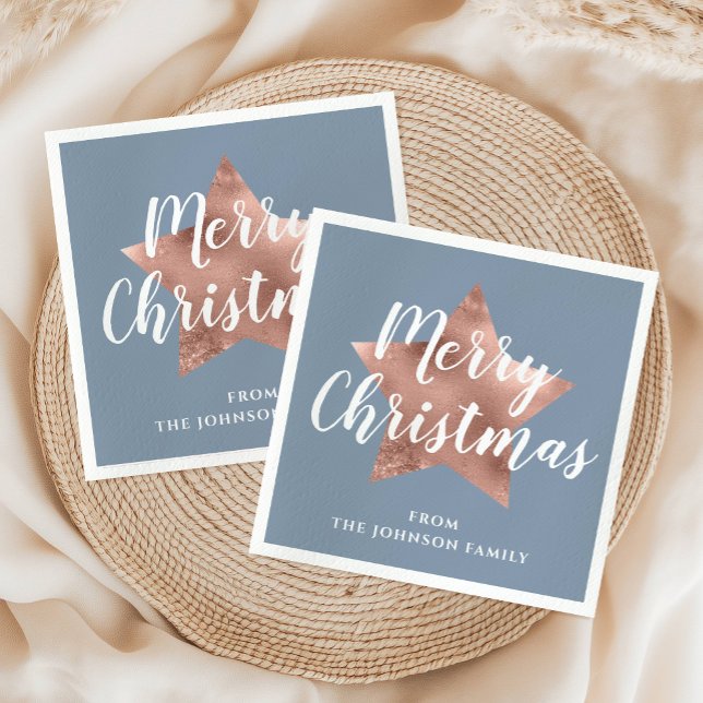 Servilleta De Papel Elegante Rosa azul turbio Navidades Gold Star (Elegant Dusty Blue Rose Gold Star Christmas Napkins)