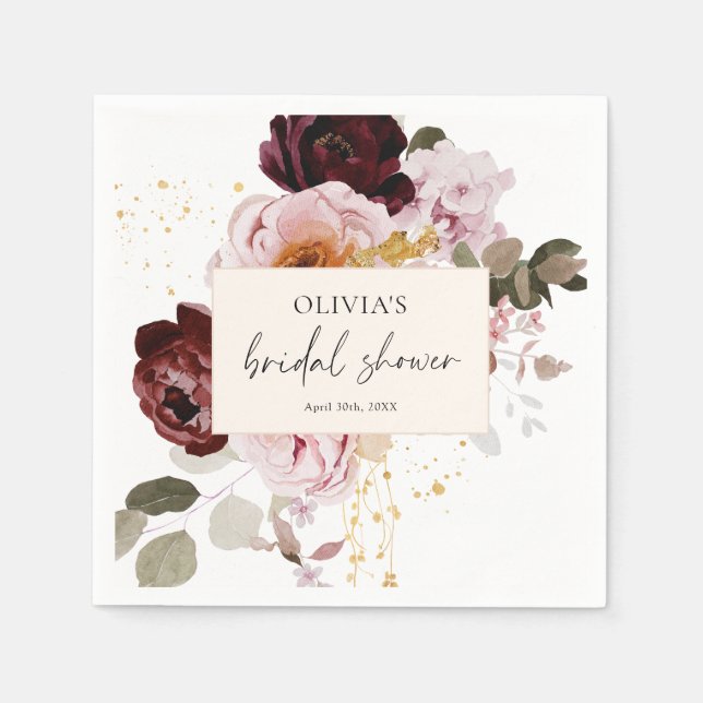 Servilleta De Papel Elegante Rosa Burdeos Floral Despedida de Soltera  (Anverso)