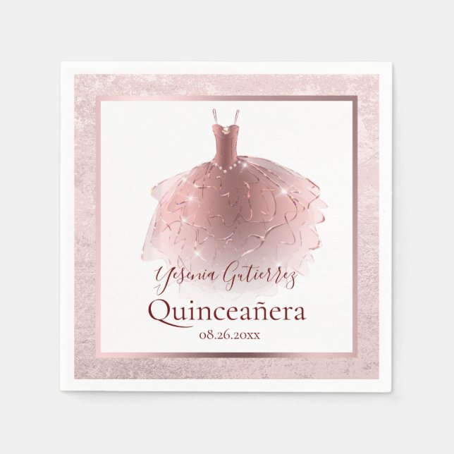 Servilleta De Papel Elegante Rosa Dorado Vestido Quinceañera (Anverso)