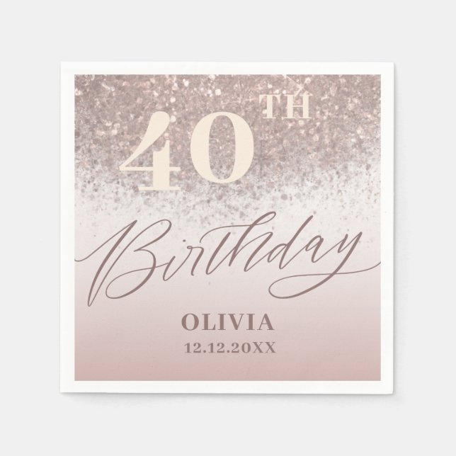 Servilleta De Papel Elegante Rosa Fiesta Purpurina de oro en 40 años (Anverso)