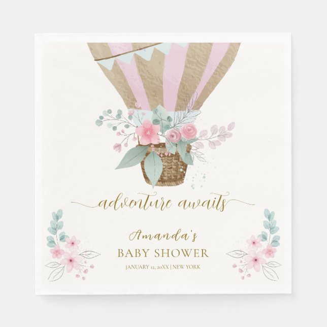 Servilleta De Papel Elegante rosa Floral Hot Air Balloon Baby Shower (Anverso)
