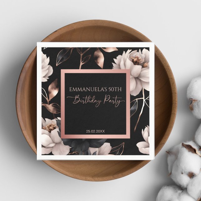 Servilleta De Papel Elegante rosa negro dorado floral plantilla de cum (Elegant black rose gold floral birthday party personalized tableware template napkins 50 th party)