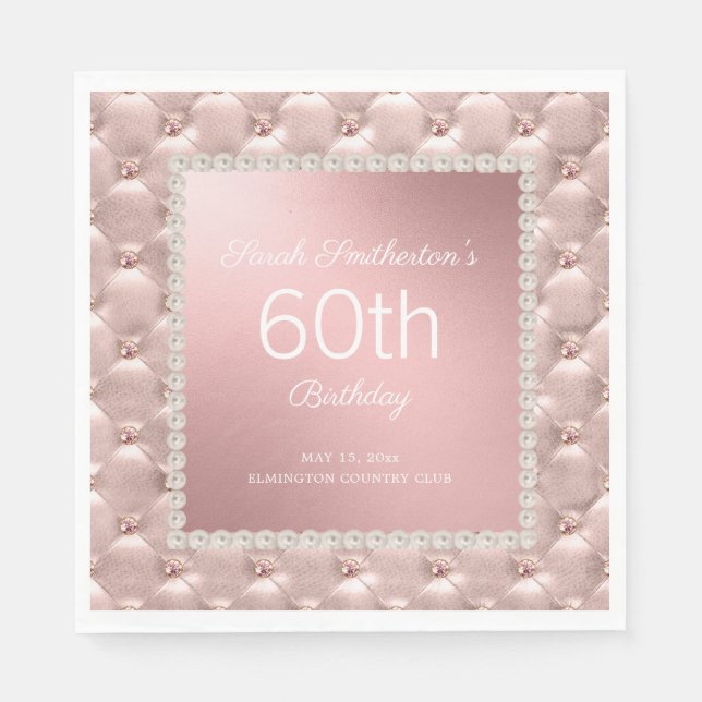 Servilleta De Papel Elegante Rosa Oro Rosa Tufted Perlas 60 Cumpleaños (Anverso)