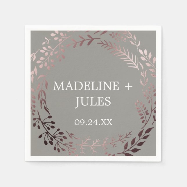 Servilleta De Papel Elegante Rosa Oro y Boda Gris (Anverso)