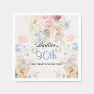 Servilleta De Papel Elegante Rosa Pintada Floral Cumpleaños 90 