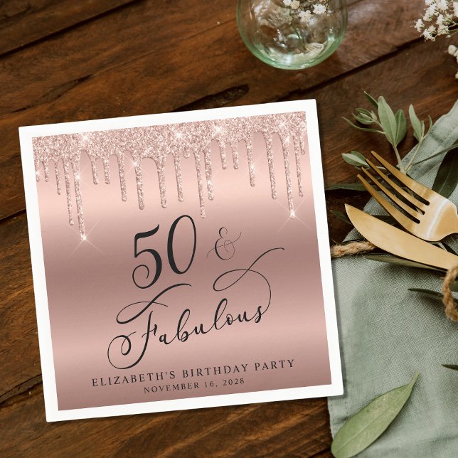 Servilleta De Papel Elegante Rosa Purpurina de Oro 50 cumpleaños (Subido por el creador)
