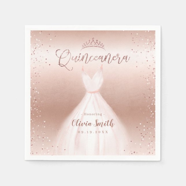 Servilleta De Papel Elegante rosa purpurina oro con vestido quinceañer (Anverso)