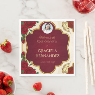 Servilleta De Papel Elegante Rosa Quinceañera Rojo Burgundy & Oro