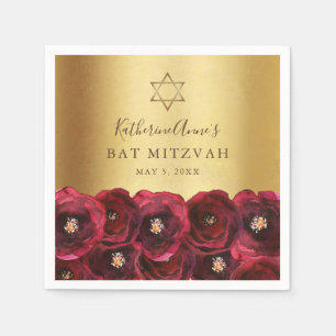 Servilleta De Papel Elegante Rosa Roja Floral Bat Mitzvah Dorado
