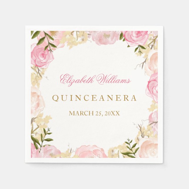 Servilleta De Papel Elegante Rosa Rosa Quinceanera Napkin (Anverso)