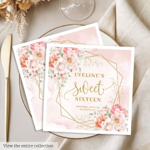 Servilleta De Papel Elegante Rosa Salmón Dorado Floral Cumpleaños Dulc