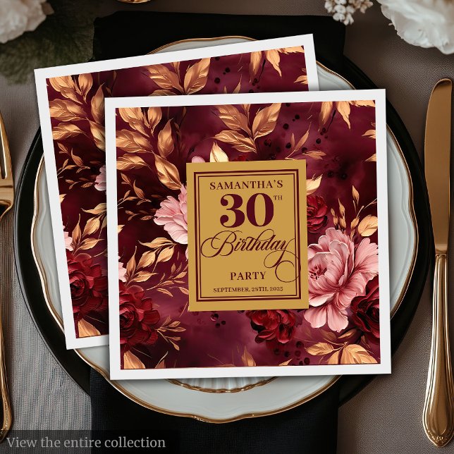 Servilleta De Papel Elegante Rubor Burgundy Gold 30 Napkins (Stylish Blush Burgundy Gold 30th Birthday Napkins )