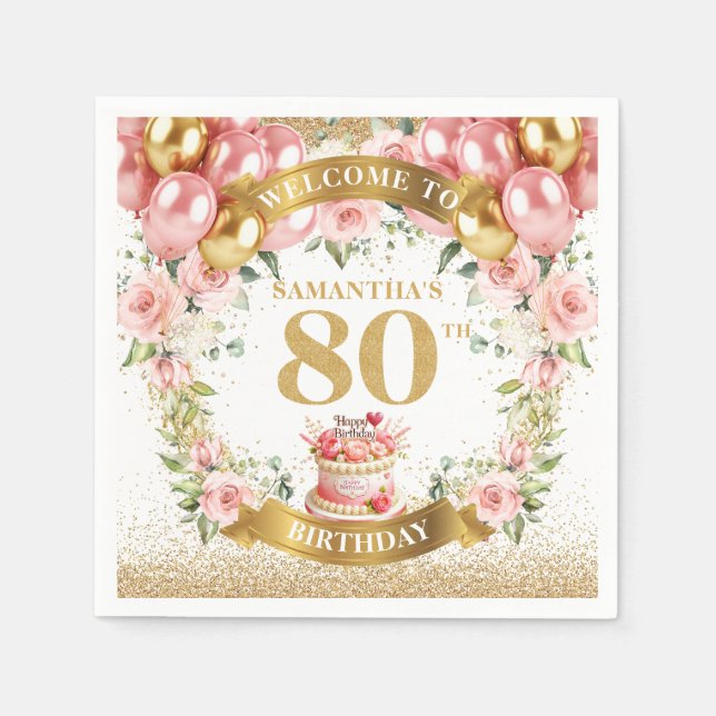 Servilleta De Papel Elegante Rubor Floral 80th Birthday Party Napkins (Anverso)