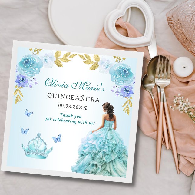 Servilleta De Papel Elegante Rubor Floral Azul Quinceañera Cumpleaños (Subido por el creador)