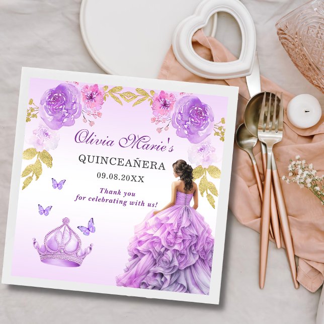 Servilleta De Papel Elegante Rubor Purple Floral Quinceañera Cumpleaño (Subido por el creador)