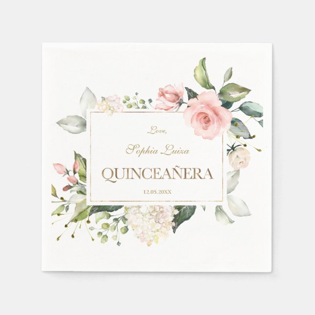 Servilleta De Papel Elegante Rubor Rosa Flores Blancas Gold Quinceañer (Anverso)