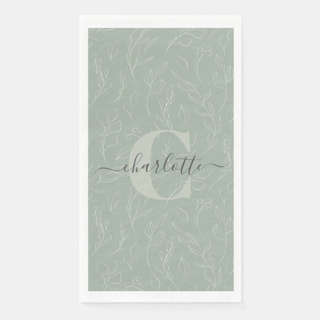 Servilleta De Papel Elegante Rústico Sage Green Botánico Floral Nombre (Anverso)