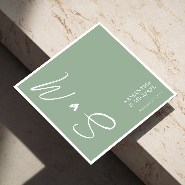 Servilleta De Papel Elegante Sage Green Personalizado Iniciales Ropa B (Personalized Sage Green Wedding Napkins - Elegant)