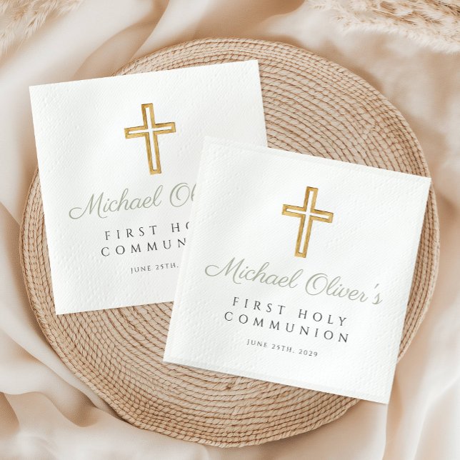Servilleta De Papel Elegante Sage Green Script Cross First Community (Elegant Sage Green Script Cross First Communion Napkins)