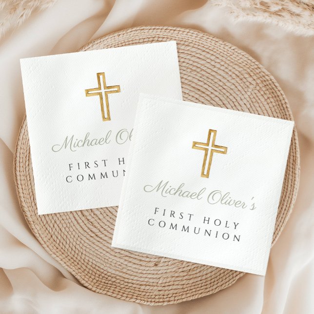 Servilleta De Papel Elegante Sage Green Script Cross First Community (Elegant Sage Green Script Cross First Communion Napkins)