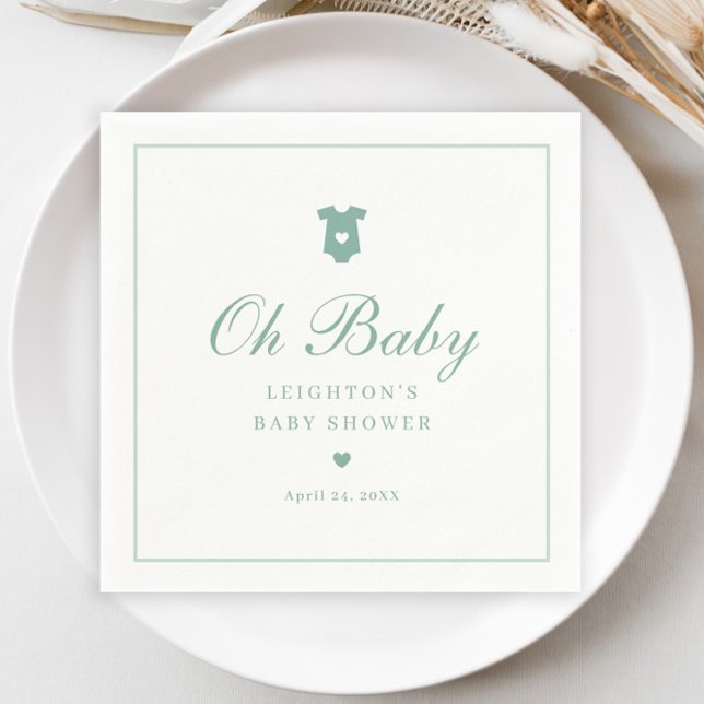 Servilleta De Papel Elegante Sage Green Script Neutral Baby Shower (Elegant Sage Green Oh Baby Script Gender Neutral Baby Shower Napkins.)