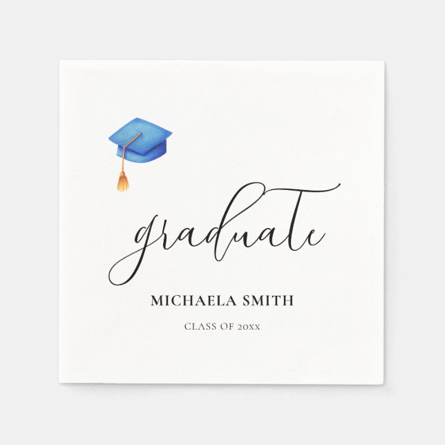 Servilleta De Papel Elegante Script Blue Graduate Cap Graduation Party (Anverso)