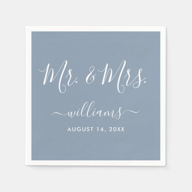 Servilleta De Papel Elegante Script Dusty Blue Mr. y Mrs. (Anverso)