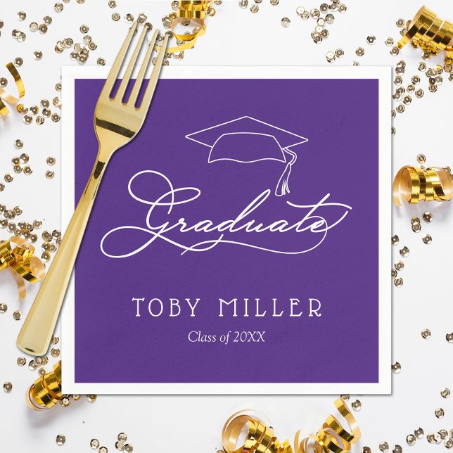Servilleta De Papel Elegante Script Purple Graduation Party Napkins (White script grad cap on purple personalized graduation party napkins, paper plates in our store)