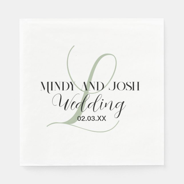 Servilleta De Papel Elegante Script Sage Green Boda inicial (Anverso)