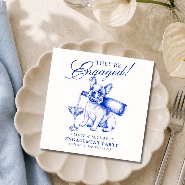 Servilleta De Papel Elegante servilletas personalizadas de compromiso  (Elegant Blue Chinoiserie French Bulldog Engagement Napkins)