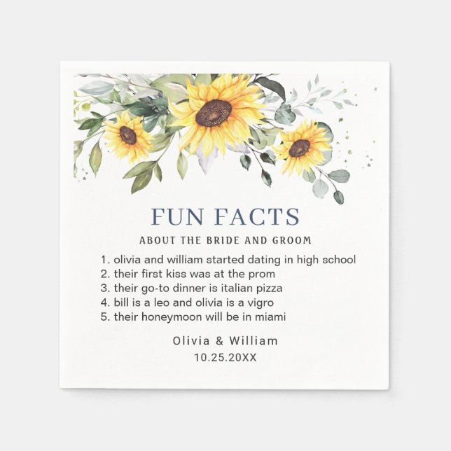 Servilleta De Papel Elegante Sunflowers Eucalyptus Fun Facts Boda (Anverso)