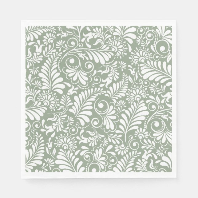 Servilleta De Papel Elegante Swirl Ornate Guardar Boda Floral Verde (Anverso)