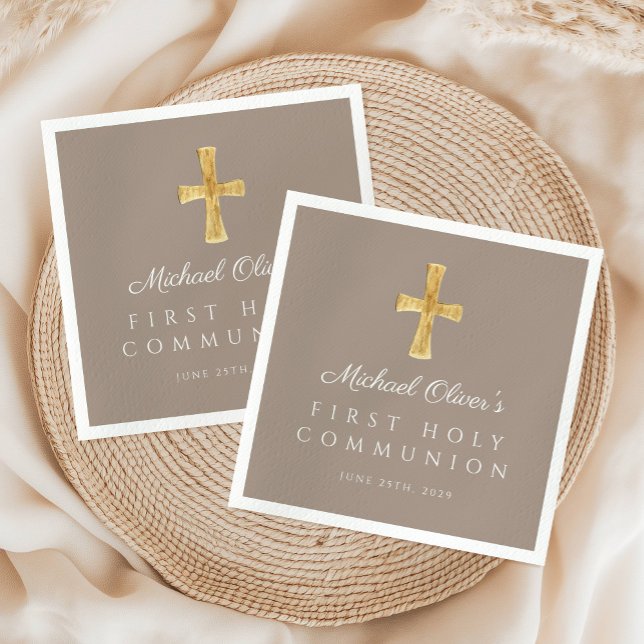 Servilleta De Papel Elegante Taupe cruza la primera comunión religiosa (Elegant Taupe Cross Religious First Communion Napkins)