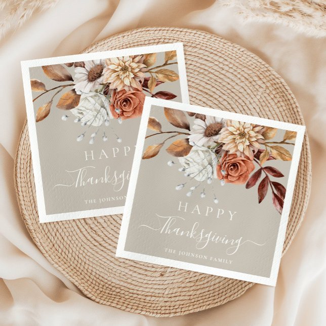 Servilleta De Papel Elegante Taupe Fall Floral Feliz Día de Gracias (Elegant Taupe Fall Floral Happy Thanksgiving Napkins
)