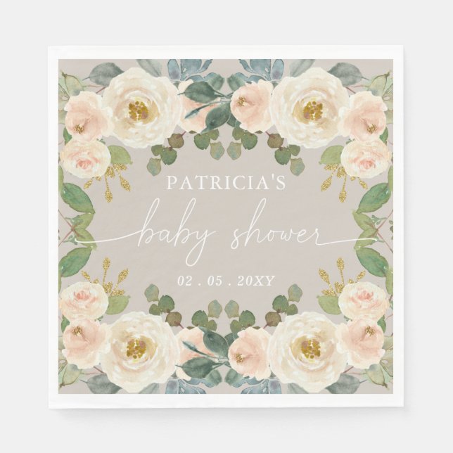 Servilleta De Papel Elegante Taupe Peach Floral Baby Shower (Anverso)