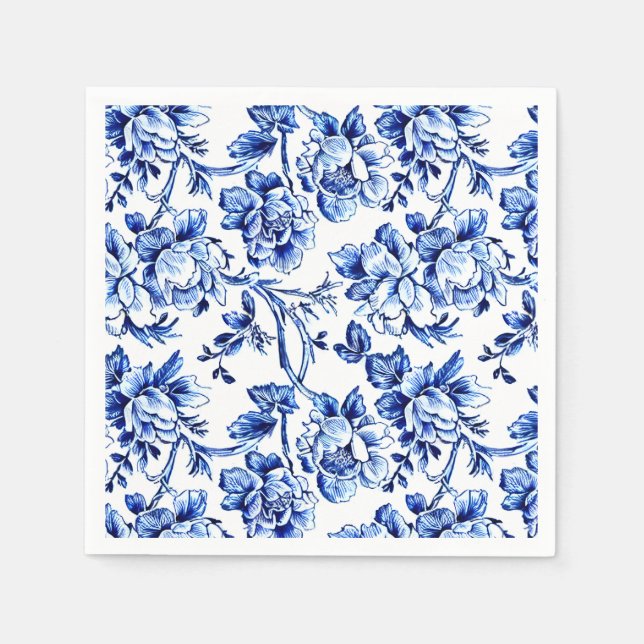 Servilleta De Papel Elegante tela floral azul y blanca (Anverso)