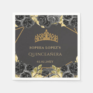Servilleta De Papel Elegante Tiara Floral de Oro Negro Quinceañera