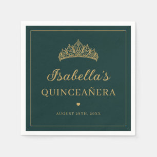 Servilleta De Papel Elegante Tiara Verde y Dorada Quinceañera