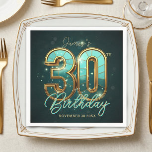 Servilleta De Papel Elegante Tipografía 3D Dorado y Turquesa Cumpleaño