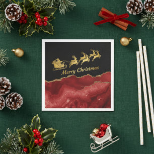 Servilleta De Papel Elegante Trineo de Santa en Oro Rojo Feliz Navidad
