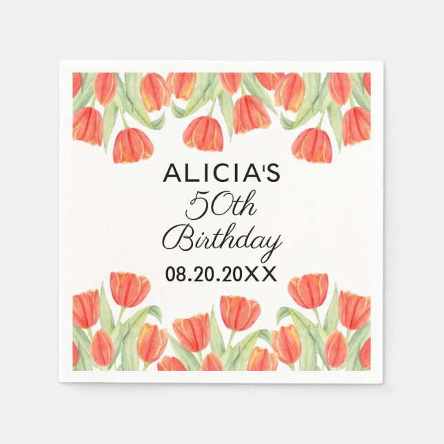 Servilleta De Papel Elegante Tulipán Rojo Botánico 50 cumpleaños (Anverso)