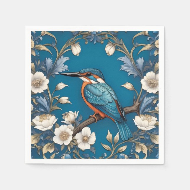Servilleta De Papel Elegante Turquoise Kingfisher Bird Floral (Anverso)