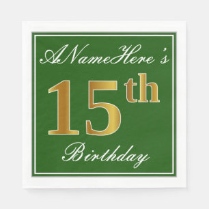 Servilleta De Papel Elegante Verde, Faux Gold 15th Birthday + Nombre