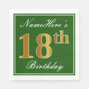 Servilleta De Papel Elegante Verde, Faux Gold 18th Birthday + Nombre