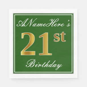 Servilleta De Papel Elegante Verde, Faux Gold 21st Birthday + Nombre
